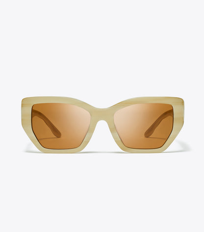 Tory Burch Kira Oversized Geometric Sunglasses - Ivory Horn/Solid Brown