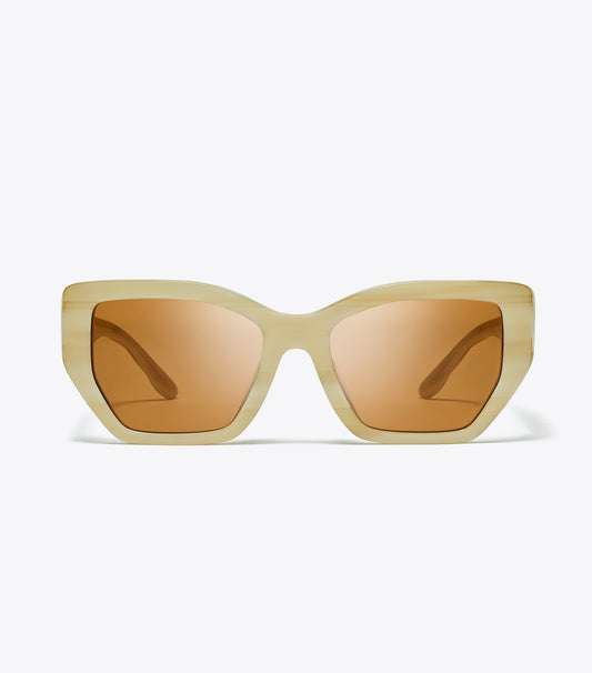 Tory Burch Kira Oversized Geometric Sunglasses - Ivory Horn/Solid Brown