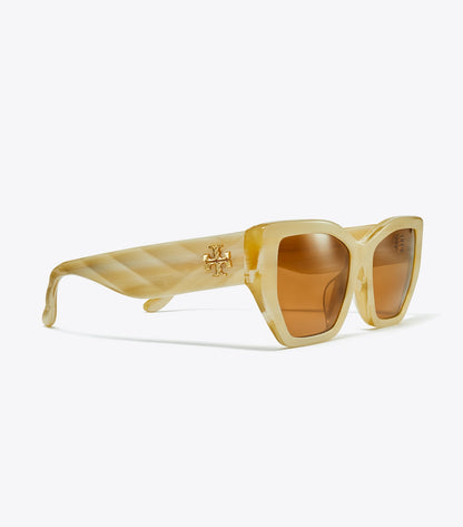 Tory Burch Kira Oversized Geometric Sunglasses - Ivory Horn/Solid Brown