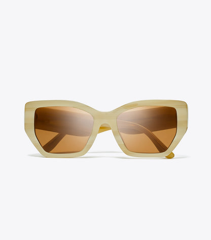Tory Burch Kira Oversized Geometric Sunglasses - Ivory Horn/Solid Brown