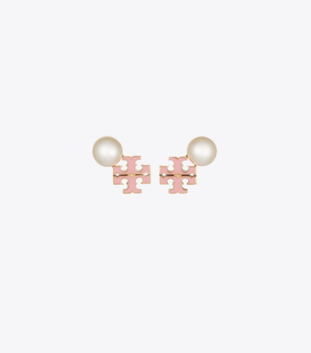Tory Burch Moondance Logo and Pearl Stud Earrings - Light Brass / Pearl / Pink