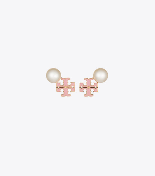 Tory Burch Moondance Logo and Pearl Stud Earrings - Light Brass / Pearl / Pink