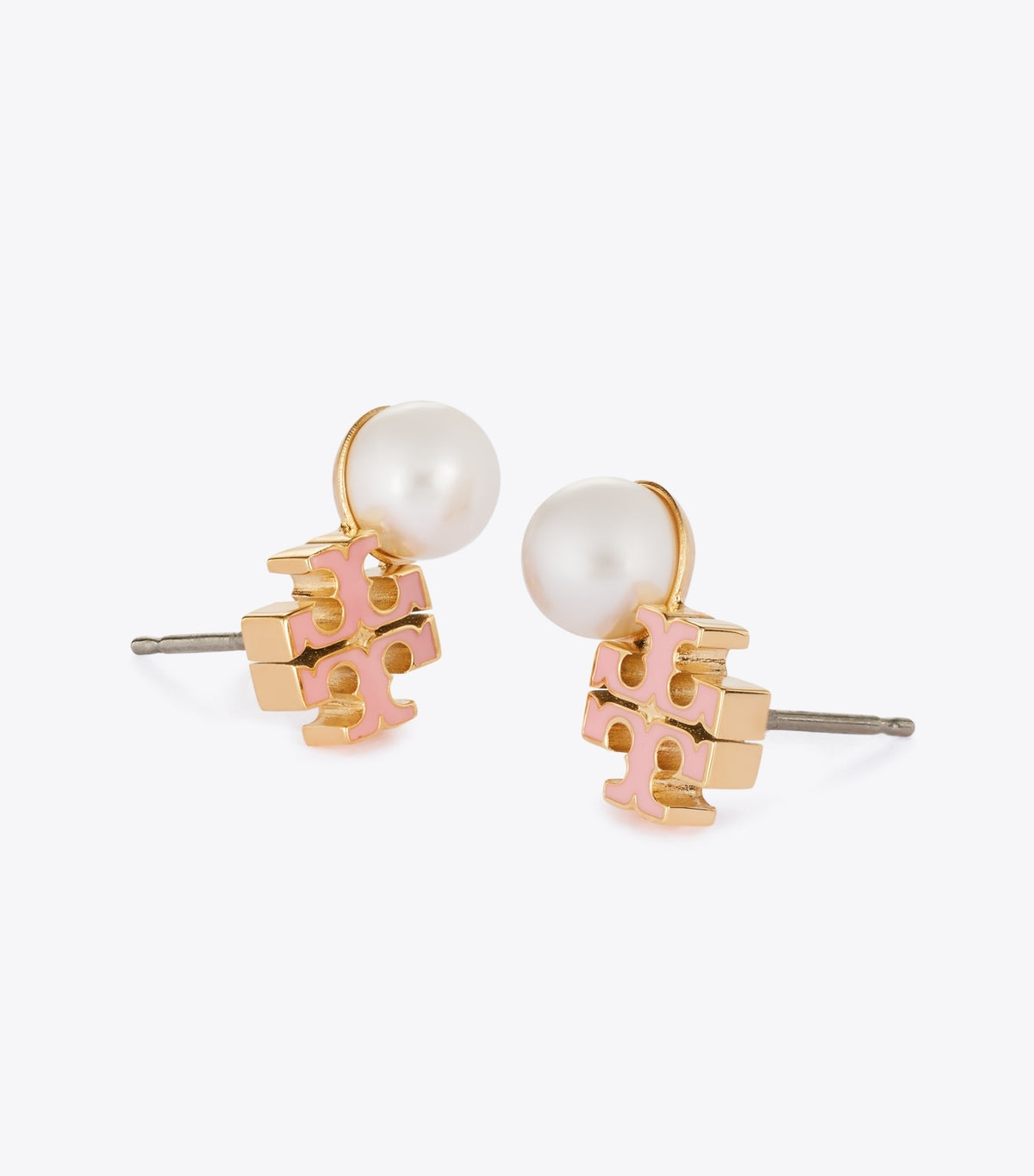 Tory Burch Moondance Logo and Pearl Stud Earrings - Light Brass / Pearl / Pink
