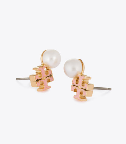 Tory Burch Moondance Logo and Pearl Stud Earrings - Light Brass / Pearl / Pink