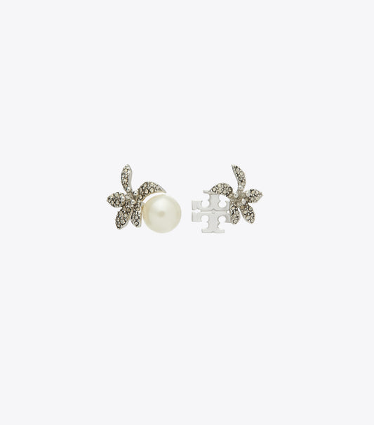 Tory Burch Moondance Pearl and Flower Stud Earrings - Tory Silver / Pearl / Crystal