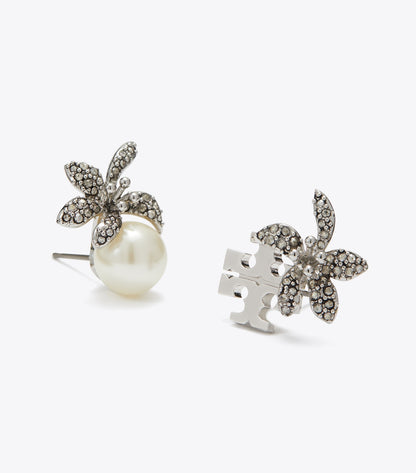 Tory Burch Moondance Pearl and Flower Stud Earrings - Tory Silver / Pearl / Crystal