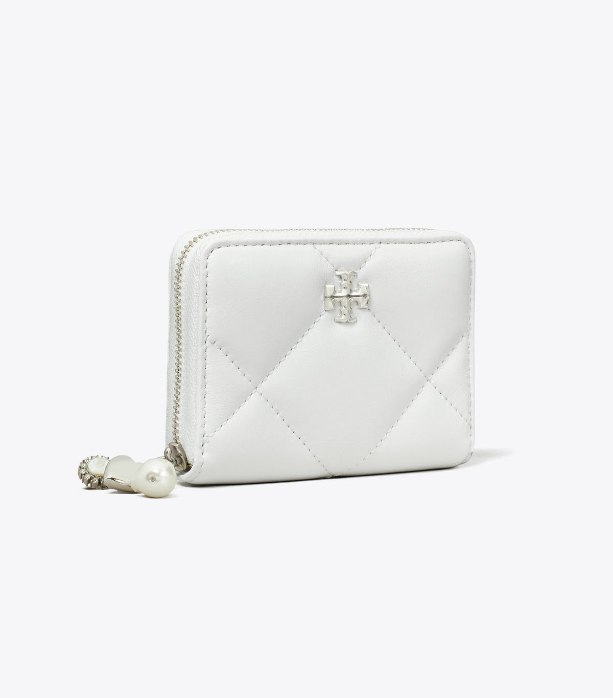 Tory Burch Small Kira Diamond Quilt Distressed Charm Zip-Around Wallet - Blanc