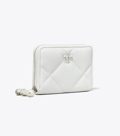 Tory Burch Small Kira Diamond Quilt Distressed Charm Zip-Around Wallet - Blanc