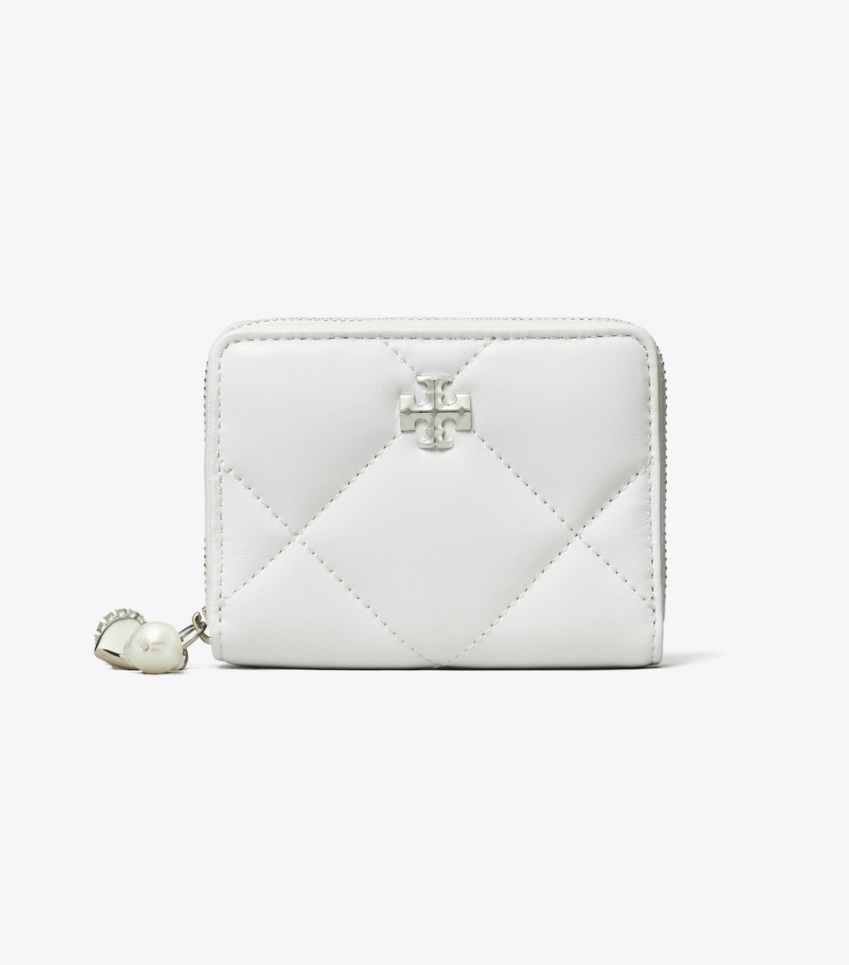 Tory Burch Small Kira Diamond Quilt Distressed Charm Zip-Around Wallet - Blanc