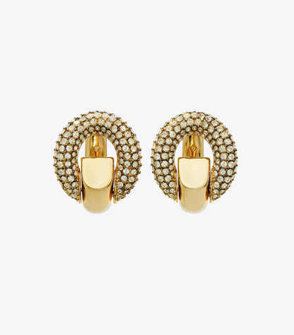 Tory Burch Pierced Pavé Hoop Earrings - Light Brass / Crystal