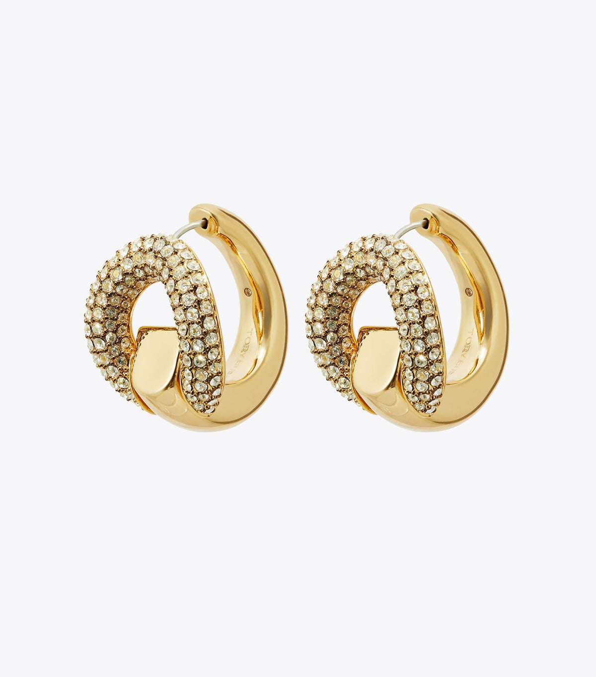 Tory Burch Pierced Pavé Hoop Earrings - Light Brass / Crystal