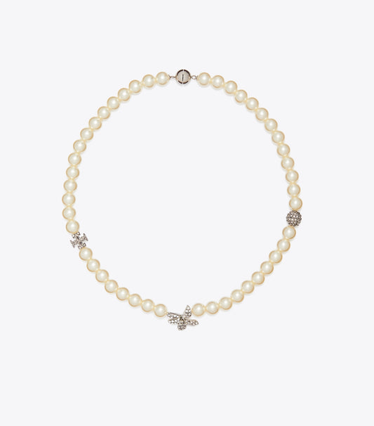 Tory Burch Moondance Pavé Flower Pearl Necklace - Tory Silver / Pearl / Crystal