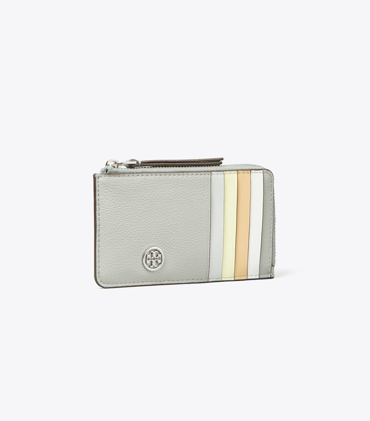 Tory Burch Robinson Pebbled Top-Zip Card Case - Light Granite