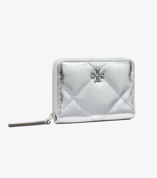 Tory Burch Small Kira Diamond Quilt Metallic Zip-Around Wallet - Silver