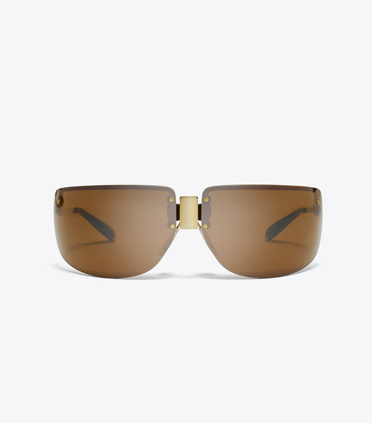 Tory Burch Shield Runway Sunglasses - Shiny Gold/Brown