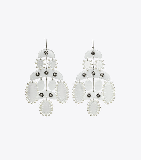 Tory Burch Abstract Beaded Chandelier Earrings - Antique Tory Silver / Clear
