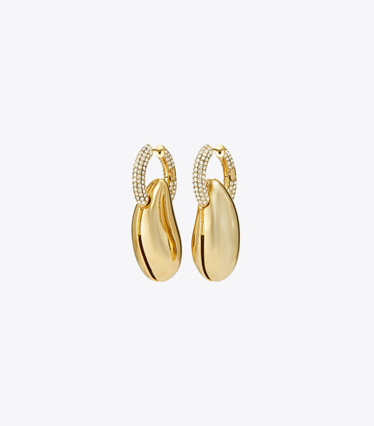 Tory Burch Pierced Pavé Hoop Earrings - Light Brass / Crystal