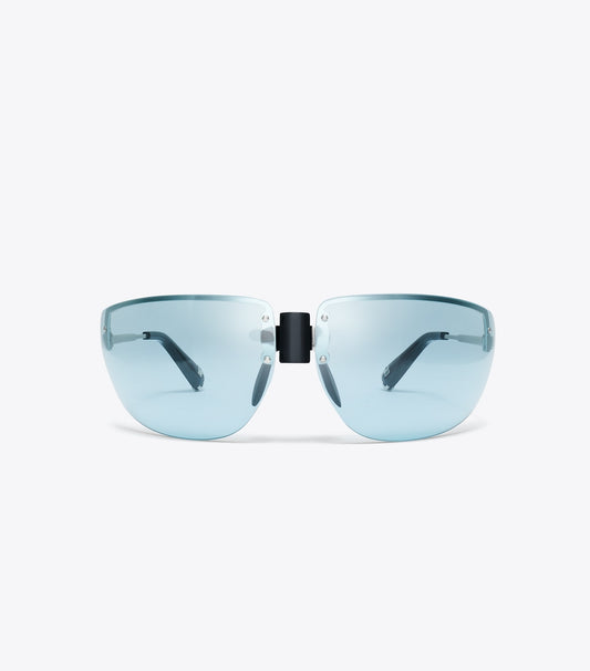 Tory Burch Shield Runway Sunglasses - Shiny Silver/Light Blue