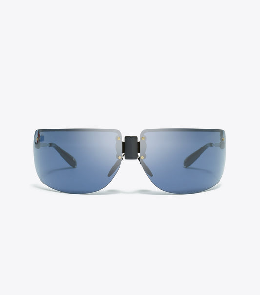 Tory Burch Shield Runway Sunglasses - Shiny Light Gold/Navy Blue