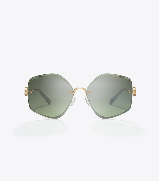 Tory Burch Miller Metal Geometric Sunglasses - Shiny Gold/Dark Green