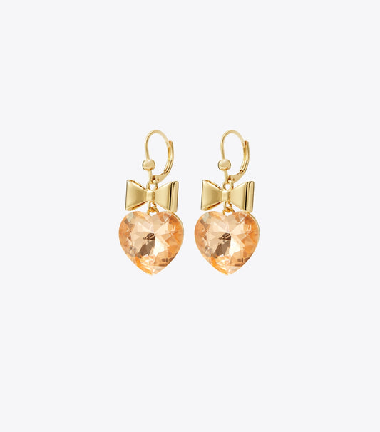 Tory Burch Curiosity Heart and Bow Earrings - Tory Gold / Papaya Pink