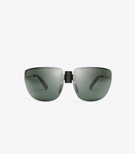 Tory Burch Shield Runway Sunglasses - Shiny Light Gold/Dark Grey