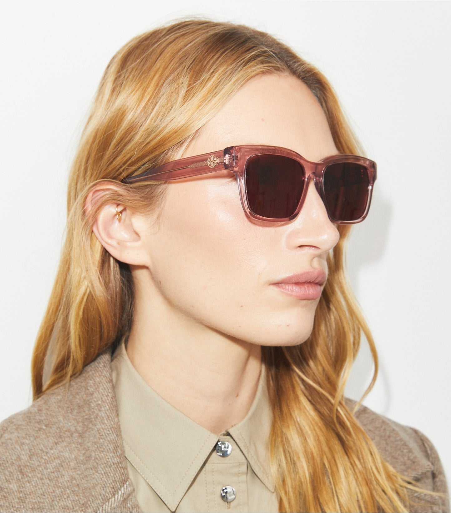 Tory Burch Miller Rectangle Sunglasses - Milky Nude/Pink Gold Mirror