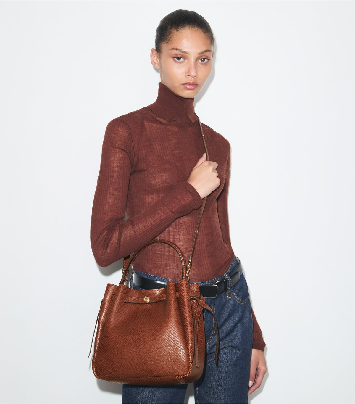 Tory Burch Romy Snake-Embossed Bucket Bag - Sweet Maple