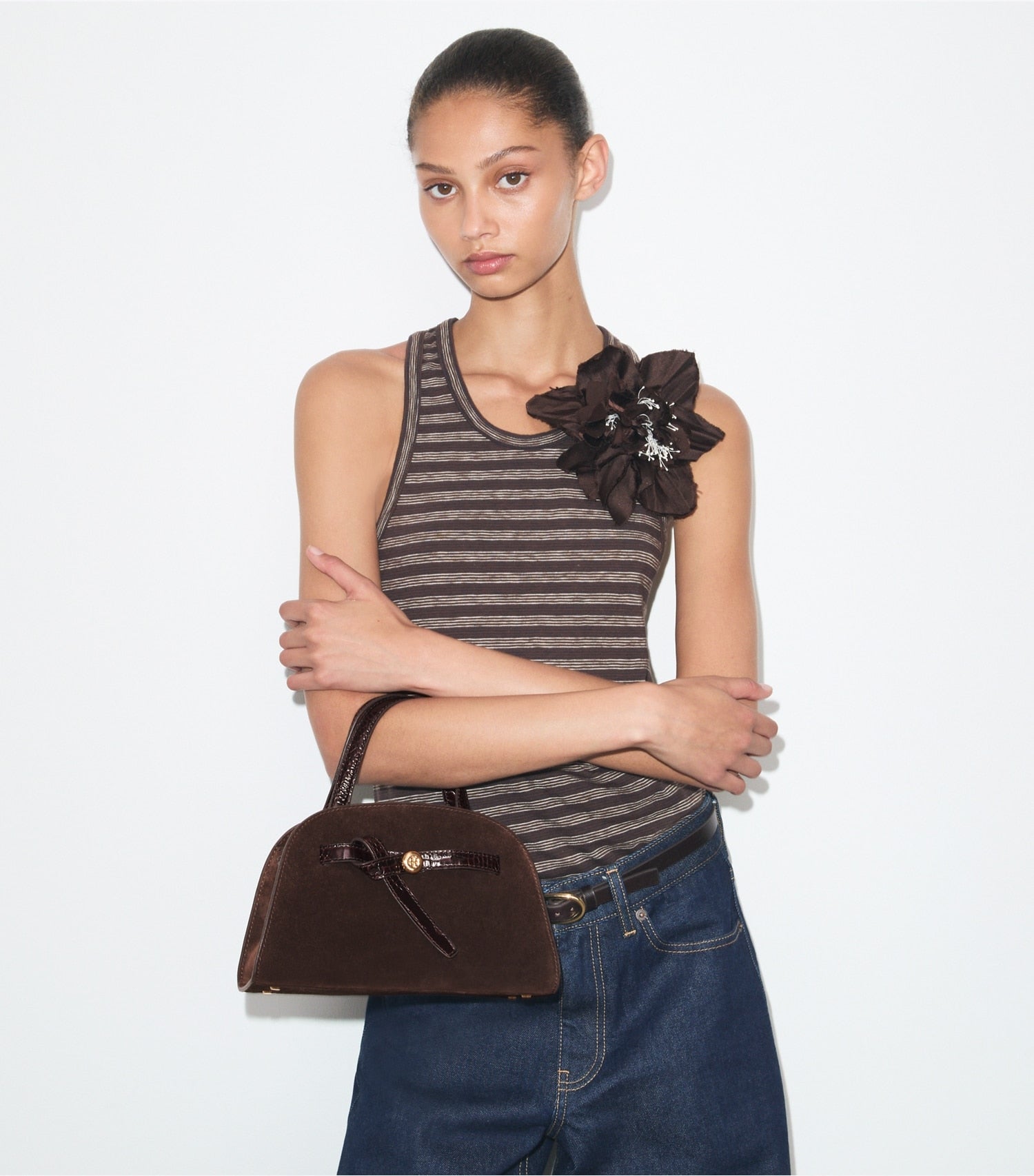 Tory Burch Small Romy Suede Bauletto - Dark Cocoa