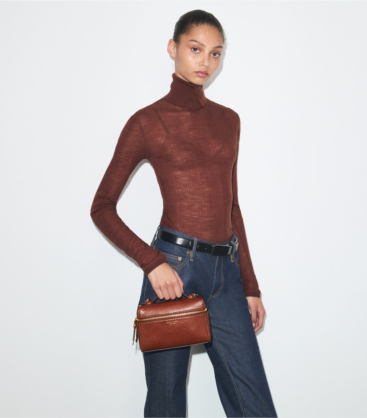 Tory Burch Romy Snake-Embossed Slim Top Handle - Sweet Maple