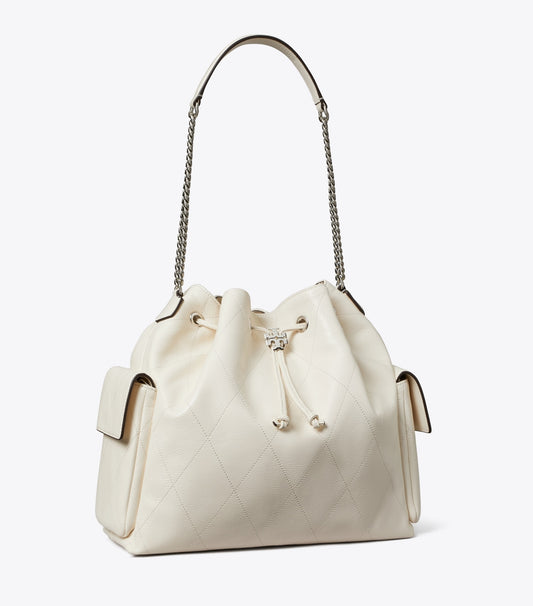 Tory Burch Large Charlie Quilted Drawstring Shoulder Bag - Light Cream