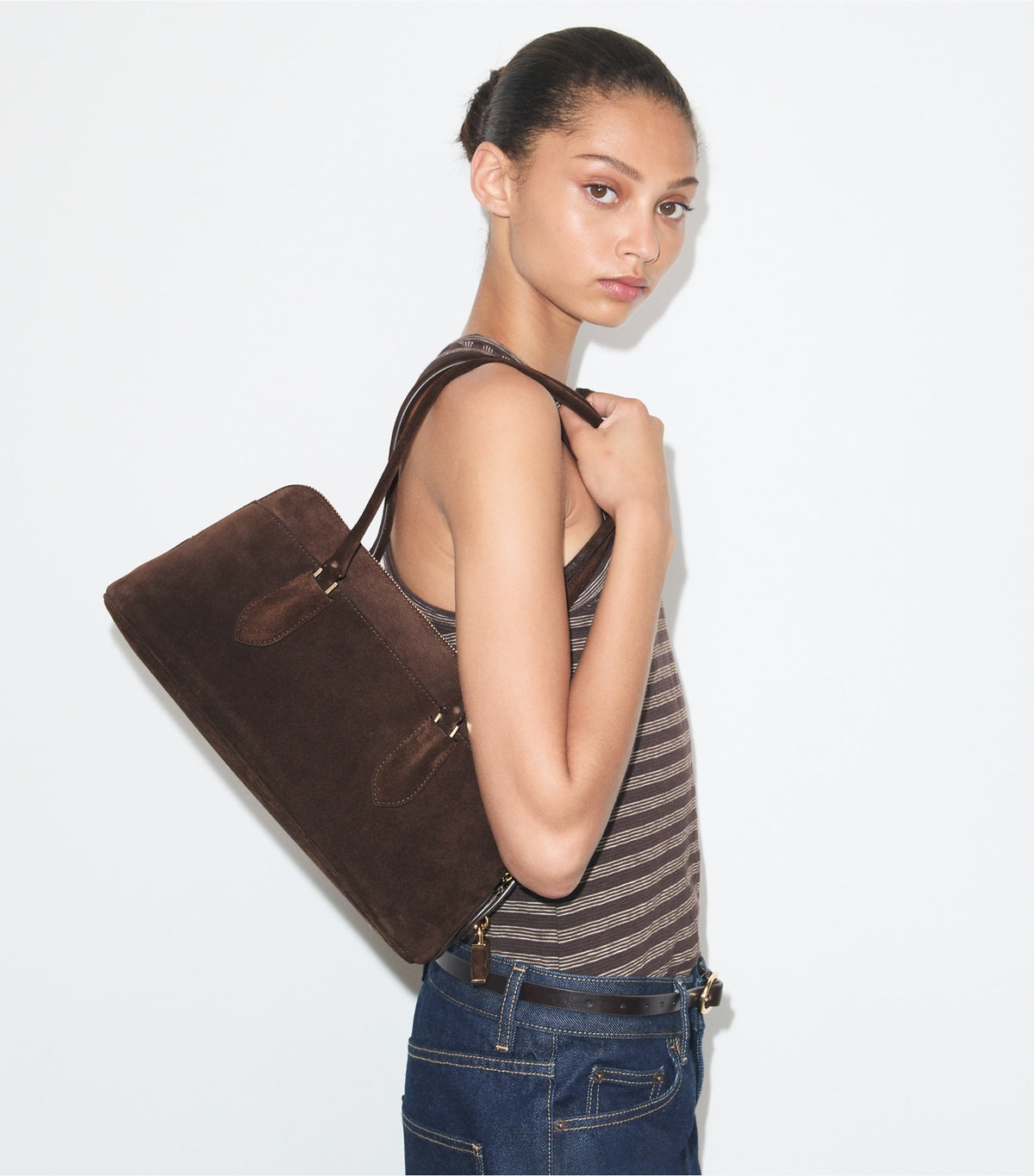 Tory Burch Lock Suede East-West Satchel - Dark Cocoa