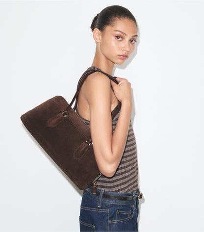 Tory Burch Lock Suede East-West Satchel - Dark Cocoa