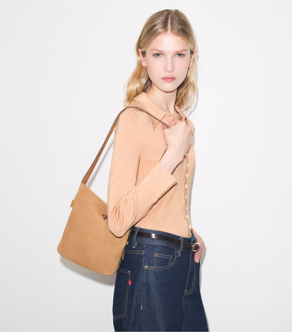 Tory Burch Medium Lock Suede Slim Bucket Bag - Toffee