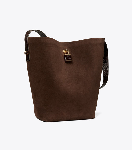 Tory Burch Lock Suede Slim Bucket Bag - Dark Cocoa