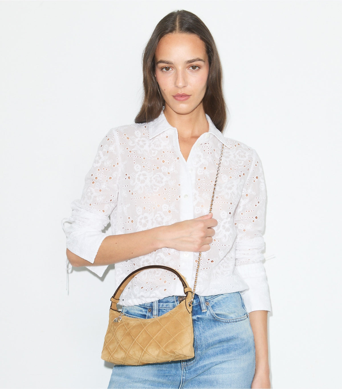 Tory Burch Fleming Suede Pochette - Stone