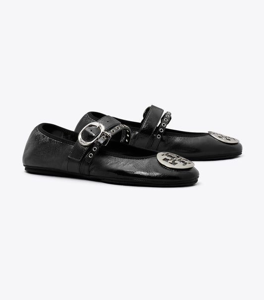 Tory Burch Reva Punk Travel Ballet - Perfect Black / Silver