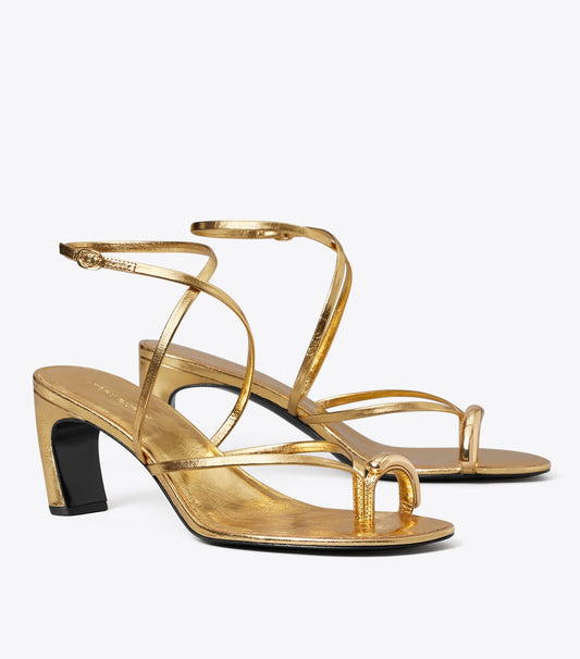 Tory Burch Pierced Multi-Strap Heeled Sandal - Gold Leaf