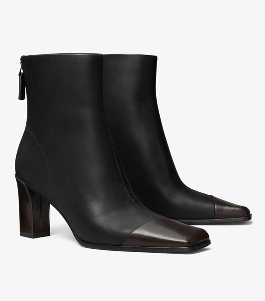 Tory Burch Asymmetric Cap-Toe Ankle Boot - Perfect Black / Coco