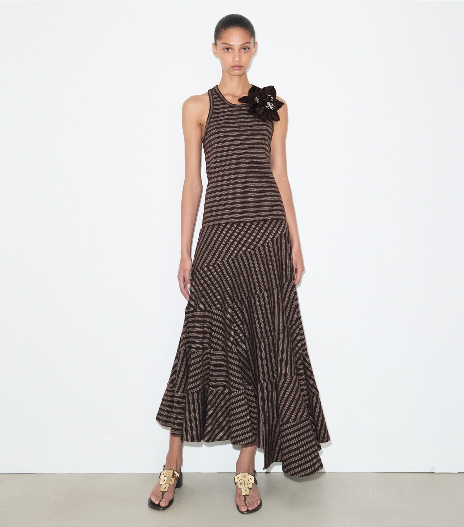 Tory Burch Striped Flared Skirt - Brown / Navy / White Youth Stripe