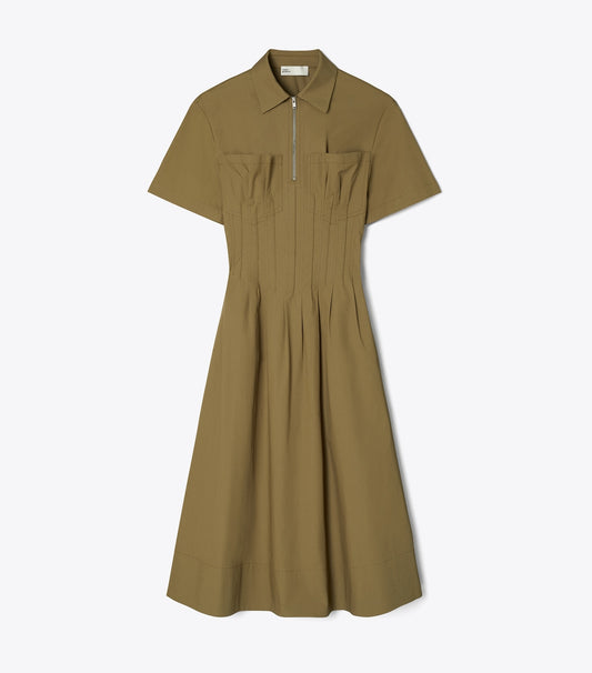 Tory Burch Poplin Pleat-Waist Dress - Olive