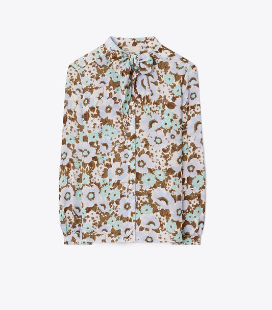 Tory Burch Printed Viscose Bow Blouse - Blue Floral