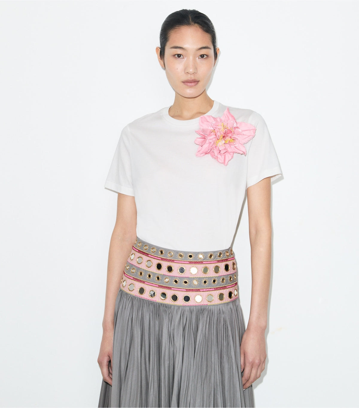Tory Burch Embellished Cotton T-Shirt - Snow White / Light Pink