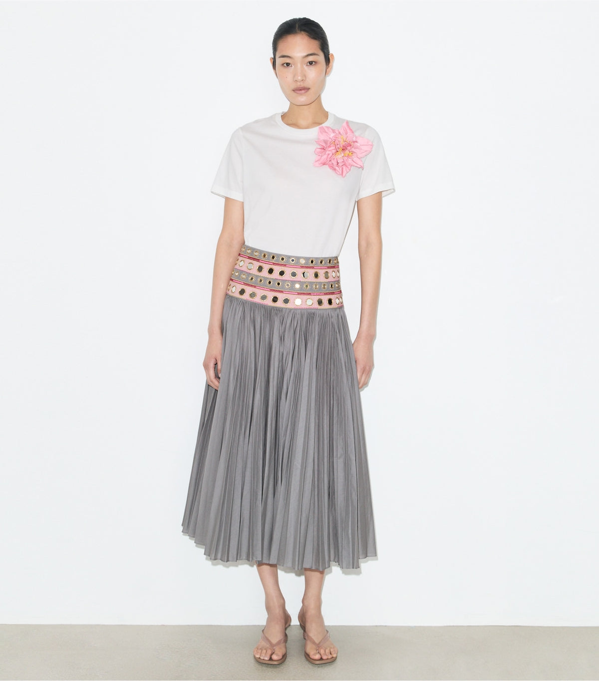 Tory Burch Embellished Cotton T-Shirt - Snow White / Light Pink