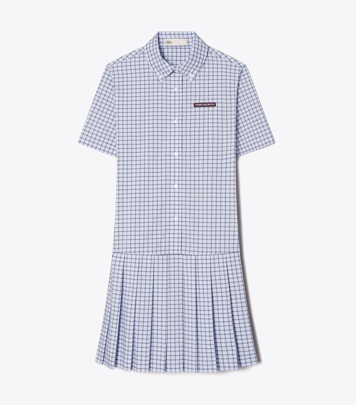 Tory Burch Plaid Drop-Waist Pleated Golf Dress - Light Blue Plaid