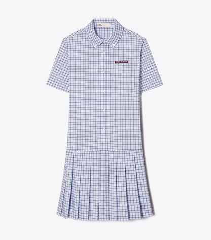Tory Burch Plaid Drop-Waist Pleated Golf Dress - Light Blue Plaid