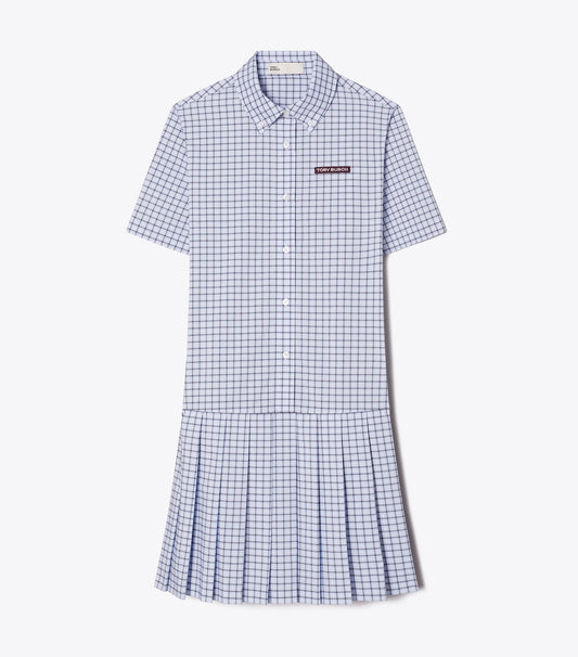 Tory Burch Plaid Drop-Waist Pleated Golf Dress - Light Blue Plaid