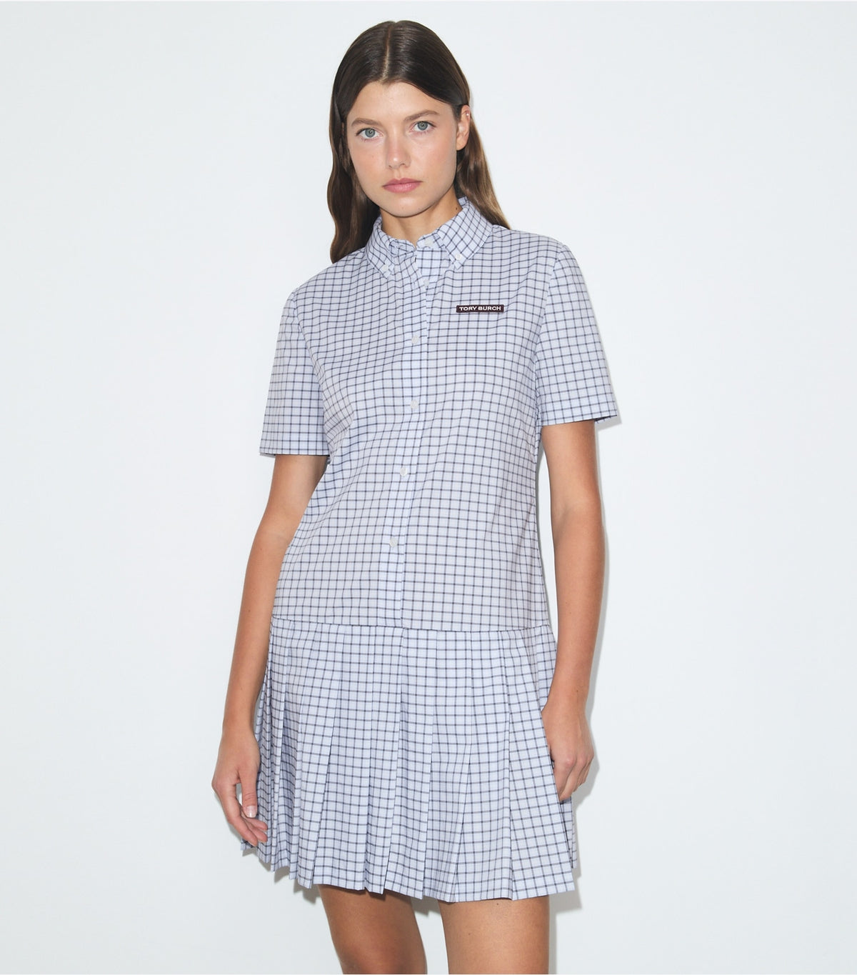 Tory Burch Plaid Drop-Waist Pleated Golf Dress - Light Blue Plaid