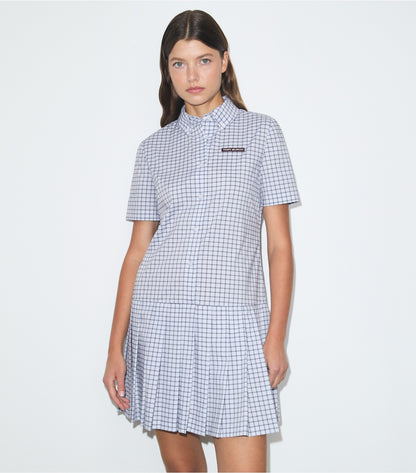 Tory Burch Plaid Drop-Waist Pleated Golf Dress - Light Blue Plaid