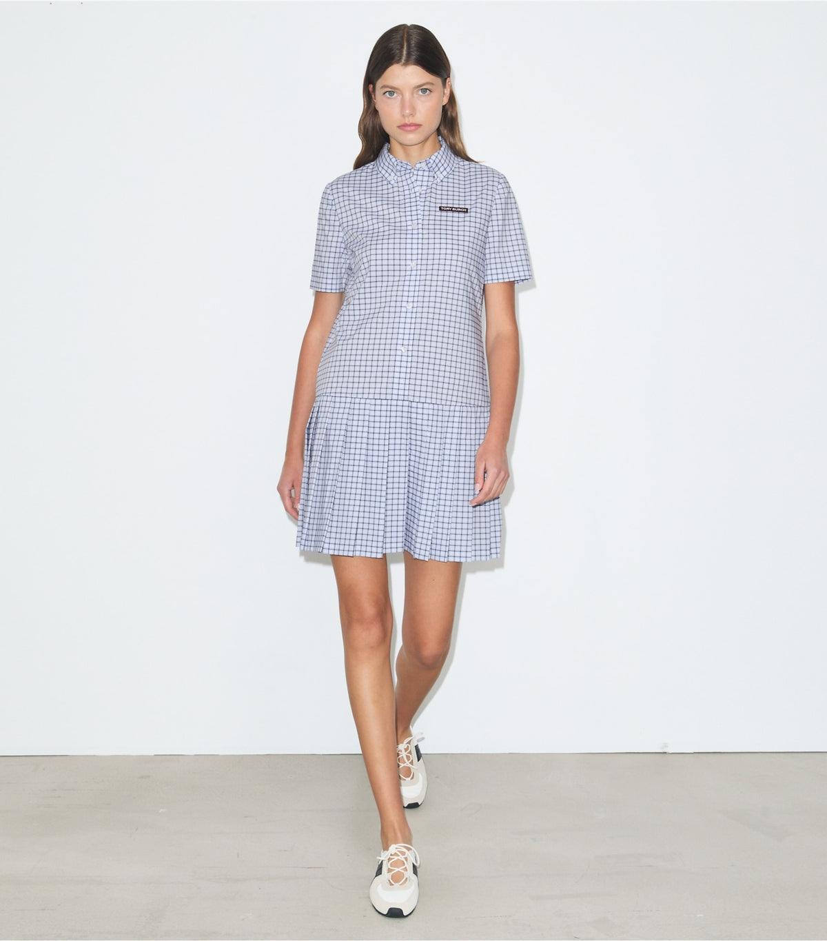 Tory Burch Plaid Drop-Waist Pleated Golf Dress - Light Blue Plaid